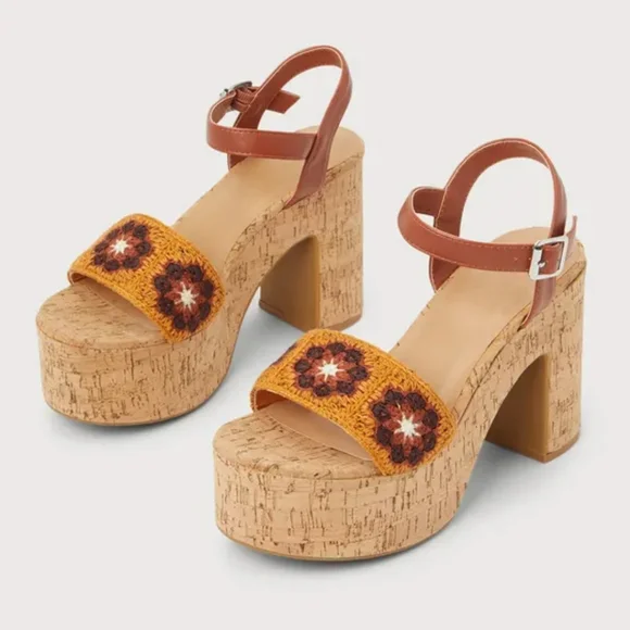 Saleπ₯° Bamboo flirty fun boho flower child Hippie chick cork floral jute heels - Picture 3 of 6